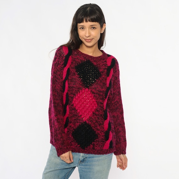 80s Diamond Sweater Burgundy Wine Red Pink Black Pattern Chunky Knit Crew Neck Long Sleeve Vintage Pullover Jumper Dark Academia Medium M