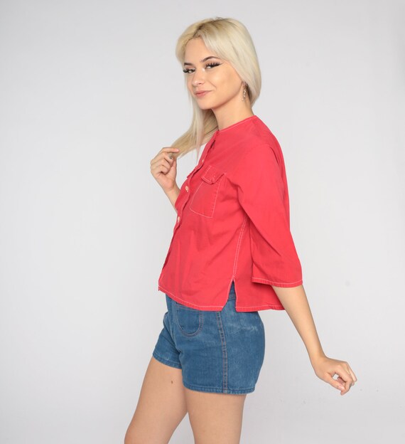 70s Red Blouse Simple Boho Button Up Shirt Short … - image 5