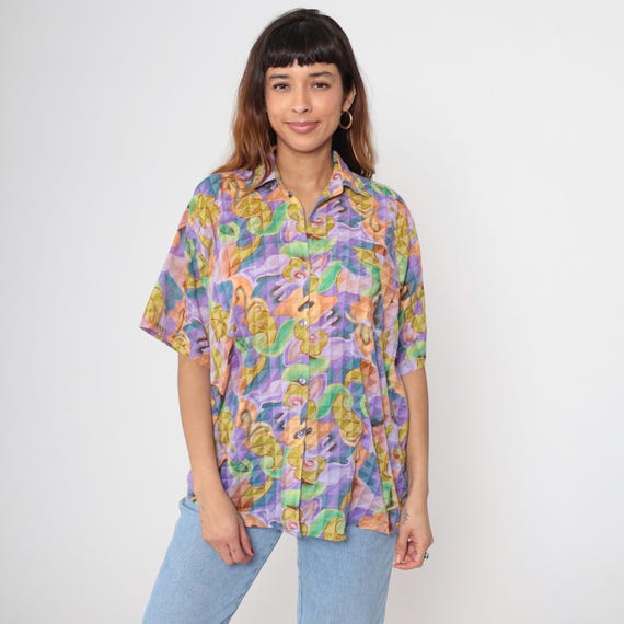Abstract Print Shirt Y2K Purple Green Short Sleeve Button Down Psychedelic Swirl Vintage Oversized Festival Rave Trippy Cyber Extra Large XL