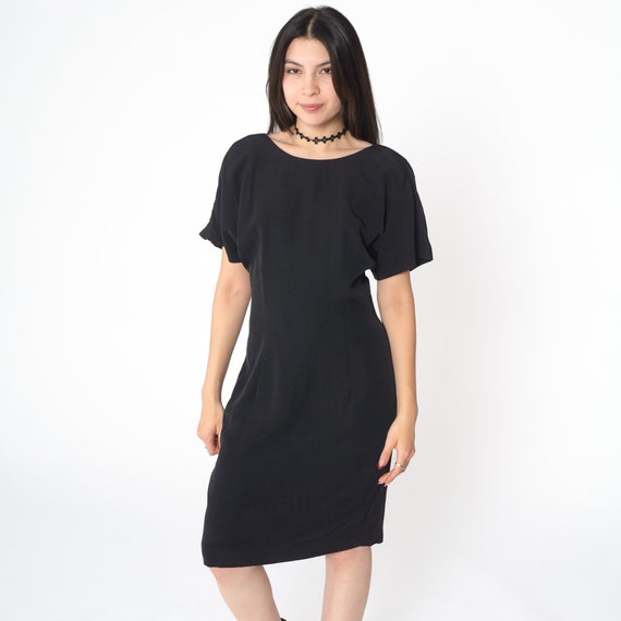 90s Black Party Dress Deep V Back Sheath Dress Plain Midi Dress Vintage Sexy Low Back Dress 1990s Club Backless Dress Short Sleeve Small S 6