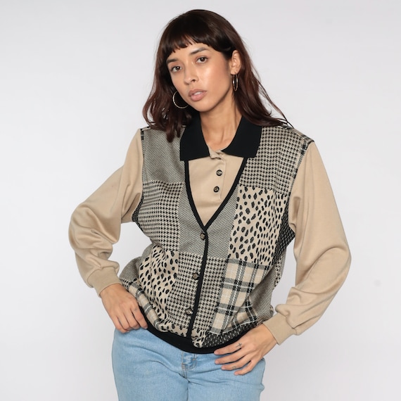80s Patchwork Sweatshirt Attached Vest Checkered Sweatshirt Animal Print Button Up Tan Plaid Houndstooth Leopard Shirt Vintage Large L