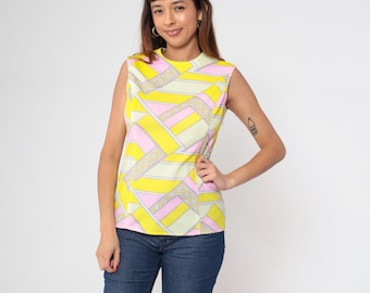 70s Psychedelic Tank Top Vintage 60s Mod Hippie Blouse Pink Yellow Geometric Print Boho Shirt Sleeveless Space Age Medium M