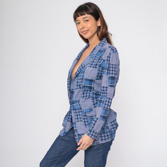 80s Plaid Blazer Blue Patchwork Chambray Jacket C… - image 4