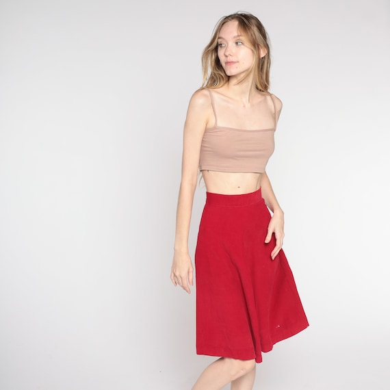 60s Corduroy Skirt Red Thin Wale Midi Skirt High Waisted Mad Men Flared Skirt Work Office Retro 1960s Vintage A-Line 2xs xxs