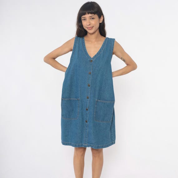 90s Denim Dress Button Front Sleeveless Jean Jumper Two Pockets Cotton Blue Vintage Minimalist Shift Casual Summer Loose Fit Extra Large 1X