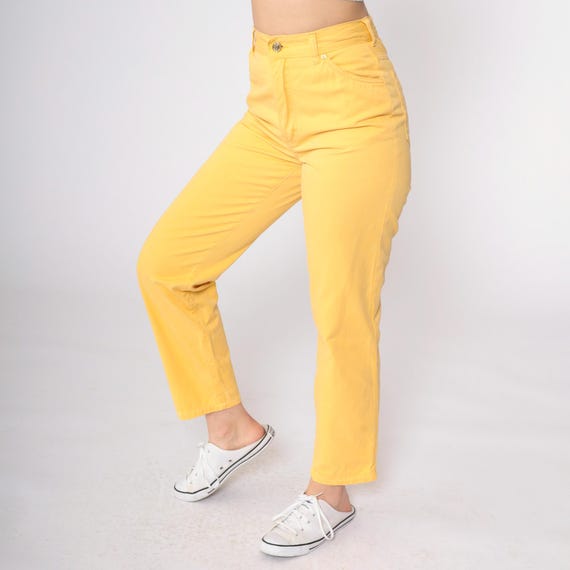 90s Yellow Slim Trousers Straight Leg Pants Cotton High Waisted Retro Slacks Simple Basic Plain Pants Vintage 1990s Small 29
