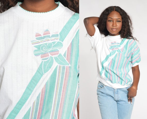 Striped Floral Shirt 90s White Ribbed Color Block Top Retro Short Sleeve Blouse Banded Hem T Shirt Flower Print Green 1990s Vintage Medium M