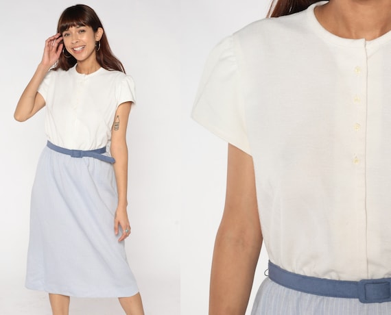 80s Shirt Dress Striped Midi Shirtwaist White Blue Short Puff Sleeve Secretary Shirtdress Button Up Belt High Waisted 1980s Vintage Medium