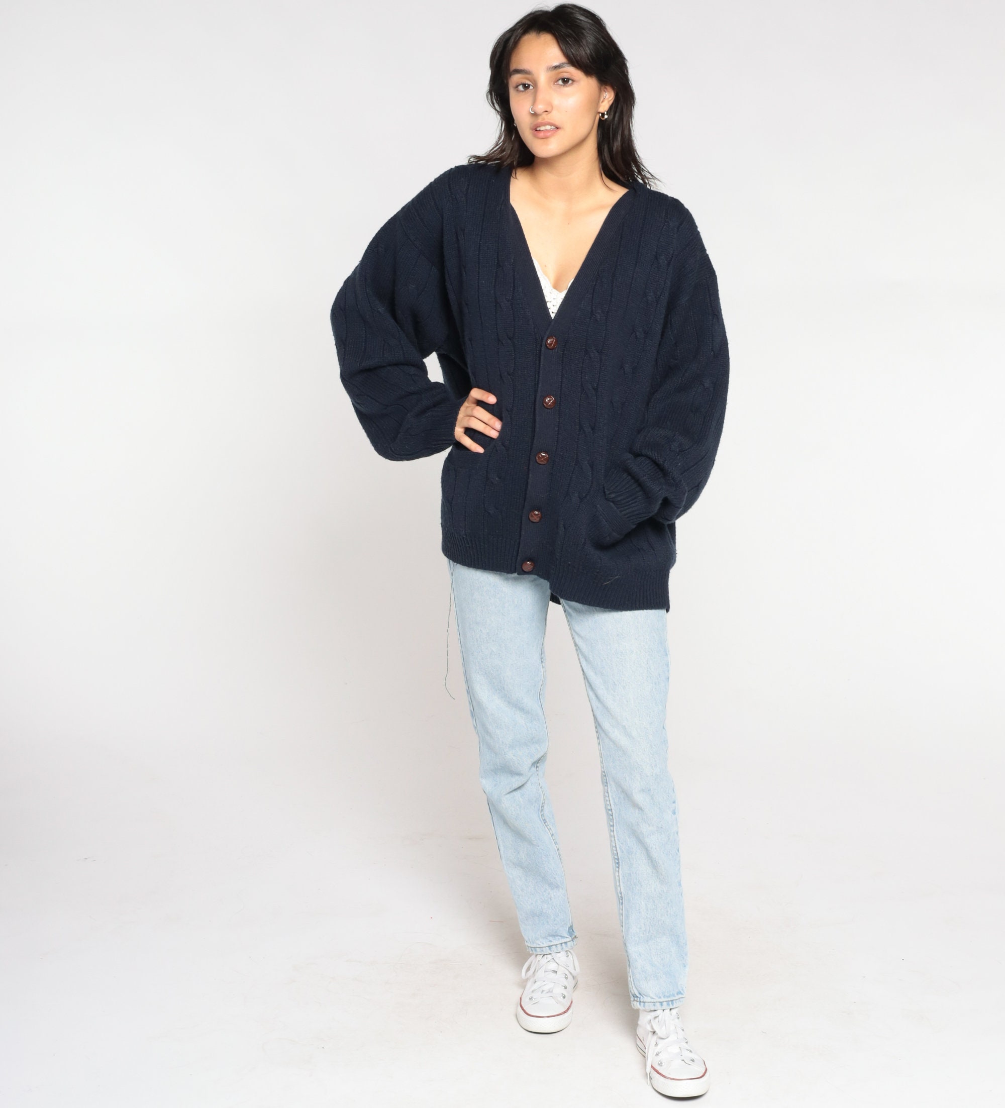 Navy Blue Sweater 90s Cable Knit Cardigan Button Up Retro Slouchy