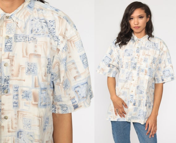 Hawaiian Shirt Palm Tree Pierre Cardin Shirt Tropical Shirt 90s Surfer Floral Button Up Shirt 1990s Boho Top Beach Sea Men's Large
