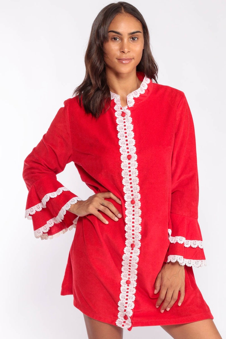 Pajama Robe Dress 70s Mini Lounge Wear Robe Red Lace Long Sleeve Loungewear Dress Tent Boho Hippie 1970s Shift Vintage Extra Large xl