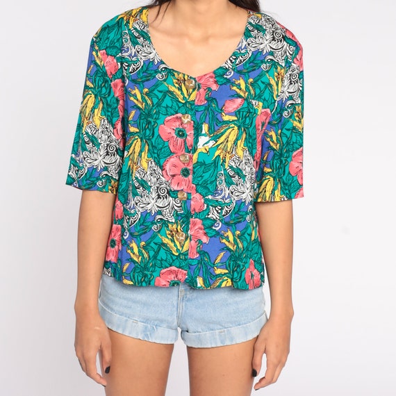 Tropical Floral Blouse 80s Button Up Short Sleeve… - image 6