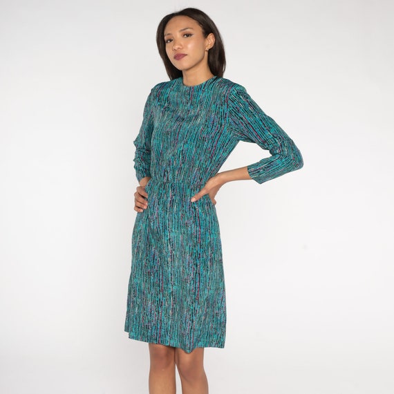 Turquoise Striped Dress 80s Midi Dress High Waisted Long Sleeve Secretary Day Dress Stripes Summer Vintage 1980s Blue Pink Black Small S