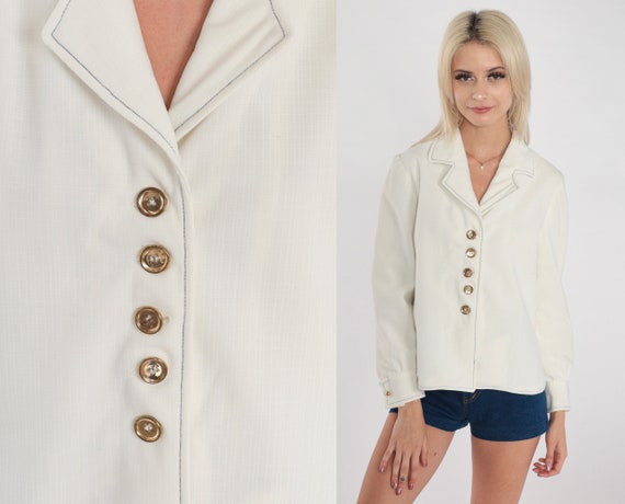 White Button Up Shirt 70s Blouse Vintage Plain To… - image 1