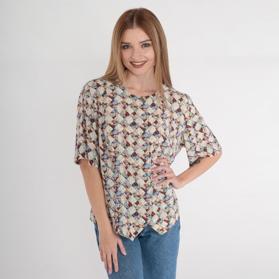 Abstract Print Blouse Y2K Button Up Shirt Op Art Pattern Short Sleeve Top Retro Bohemian Statement Mulitcolor Checkered Vintage 00s Large 12