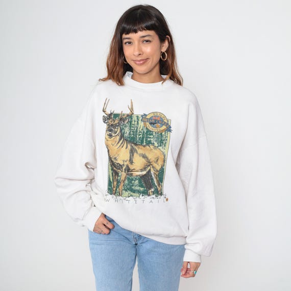 90s Deer Sweatshirt White Tail Animal Sweatshirt Nature Shirt Pullover Off White Crewneck  Shirt 1990s Vintage Slouchy Extra Large xl