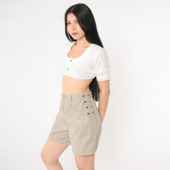 Vintage Lawman Western Shorts 90s Khaki Denim High Rise Button Side 1990s Cowboy Tan Jean Shorts Pocketless Smooth Back Small S
