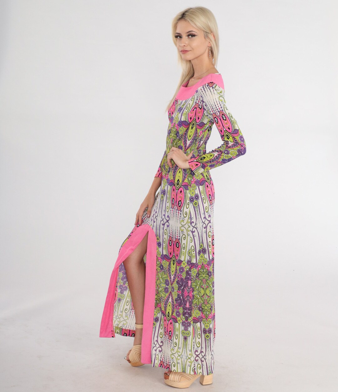 60s 70s Hippie Dress Psychedelic Floral Maxi Dress 1970s Hot Pink Lime ...