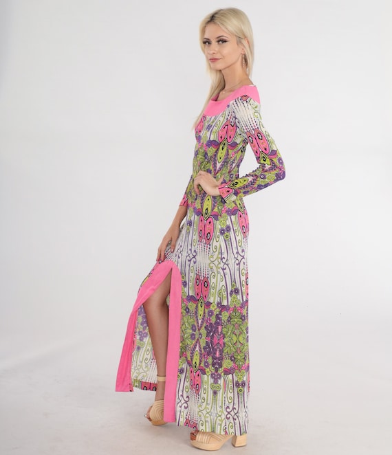 60s 70s Hippie Dress Psychedelic Floral Maxi Dress 1970s Hot Pink