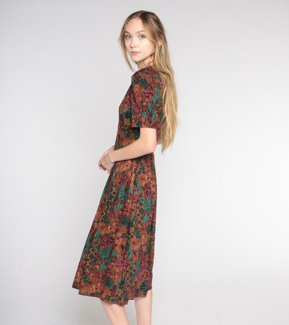 Brown Floral Dress 90s Midi Dress Retro Rose Flower P… Gem