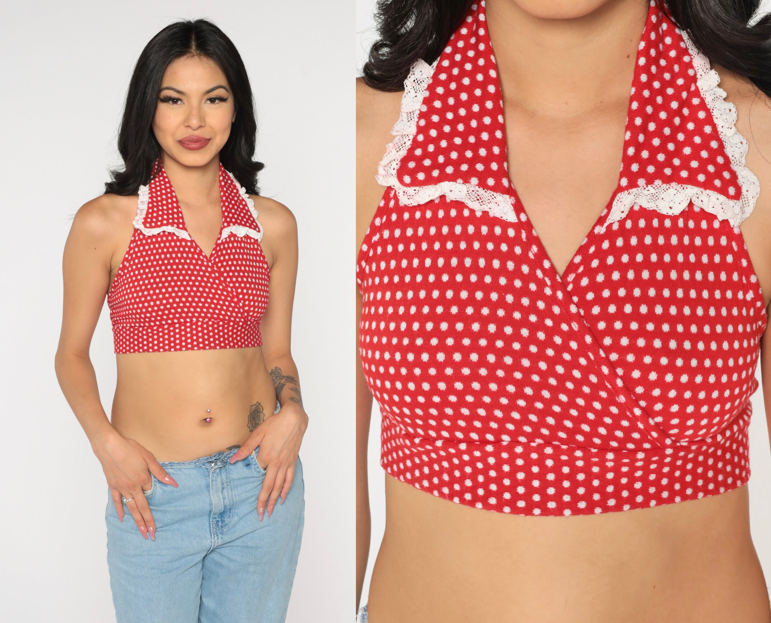 Polka Dot Crop Top 70s Red Halter Top 