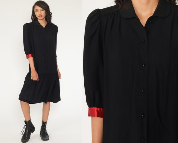 Black Mini Dress Drop Waist Button Up Dress 80s M… - image 1