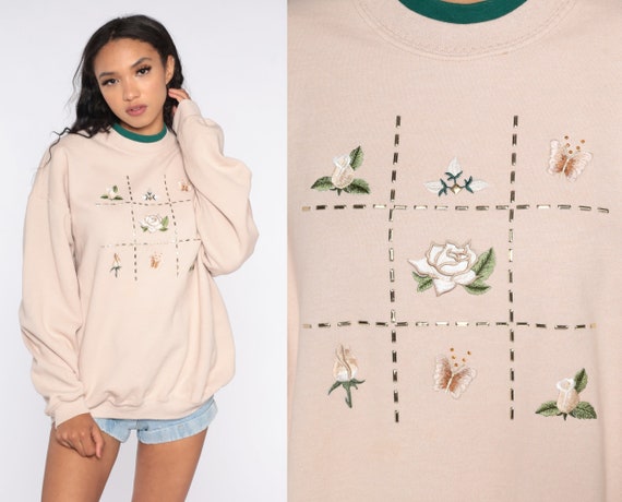 Embroidered Floral Sweatshirt 90s Sweater Beige Slouchy 1990s Pullover Vintage Cozy Loungewear Jerzees Extra Large xl