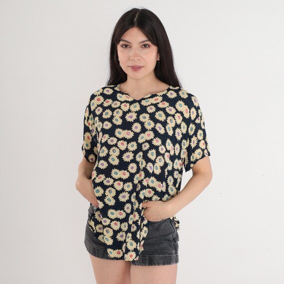 Floral Blouse 90s Daisy Flower Print Top Navy Blue Puff Sleeve Peasant Shirt Side Slit Longline Hippie Summer Vintage 1990s Medium Large