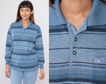 Polo rayé des années 90 bleu ton sur ton à manches longues avec col chemise BCBG rétro boutonnée pull nerd poche chemise vintage des années 90 pour homme petit