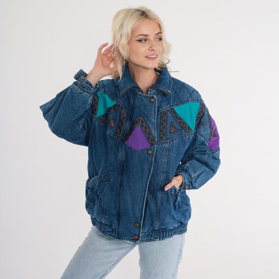 Patchwork Denim Jacket 90s Quilted Jean Jacket Blue Zip Snap Up Jacket Retro Streetwear Pocket Bomber Jacket Lined Boho Vintage 1990s Small
