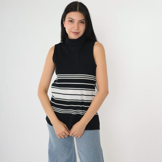 Vintage 70s Tank Top Black White Striped Shirt Mock Neck Ribbed Knit Tee Mod Retro Sleeveless T-Shirt Seventies Basic 1970s Small S