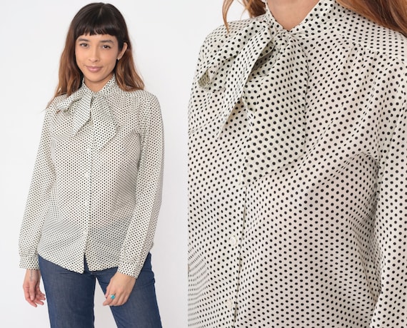 70s Ascot Blouse Shirt White Black Polka Dot Shirt Secretary Top Button Up Preppy Necktie Pussy Bow Vintage 1970s Long Sleeve Retro Medium