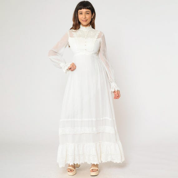 70s Victorian Wedding Dress White Bridal Lace Maxi Gown 1970s Bohemian Illusion Neckline Boho Sheer Long Sleeve Formal Small S