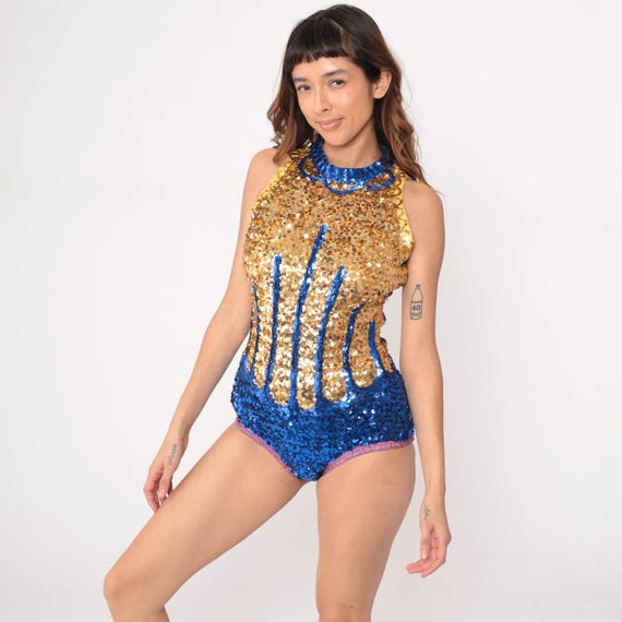 80s Sequin Bodysuit Blue Gold Flame Pattern Sleeveless Leotard Dance Costume Performance Stage Sparkle Disco Party Vintage Medium Large ML
