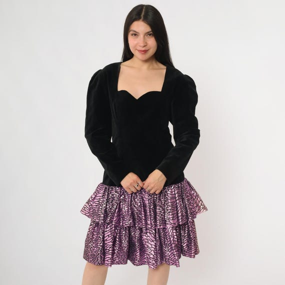 80s Party Dress Black Velvet Sweetheart Neck Dress Metallic Pink Taffeta Tiered Ruffle Skirt Long Sleeve Prom Cocktail Evening Party Large L