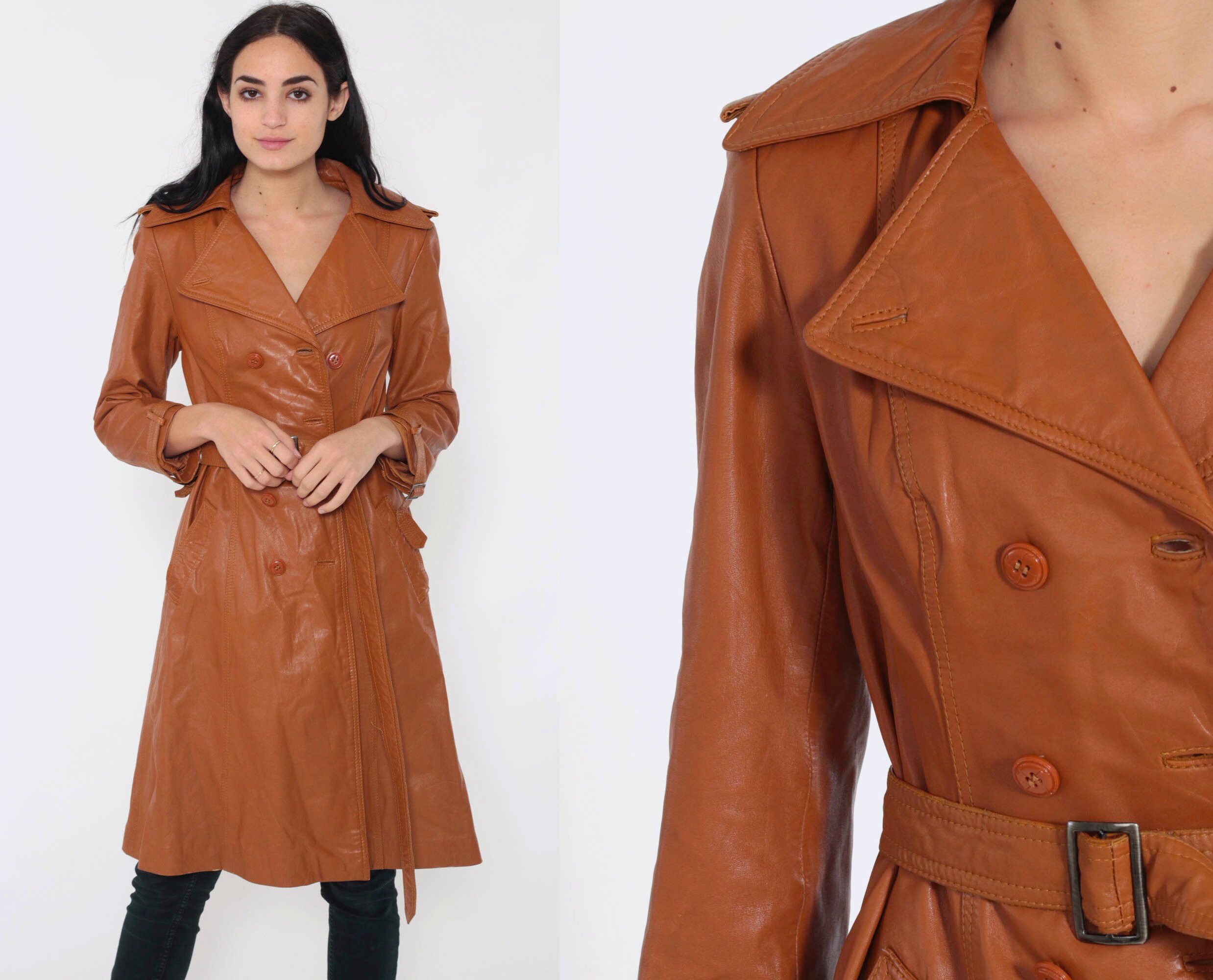 70s Leather Jacket Brown Belted Trench Coat Double Breasted Boho Hippie Jacket 1970s Womens Spy 