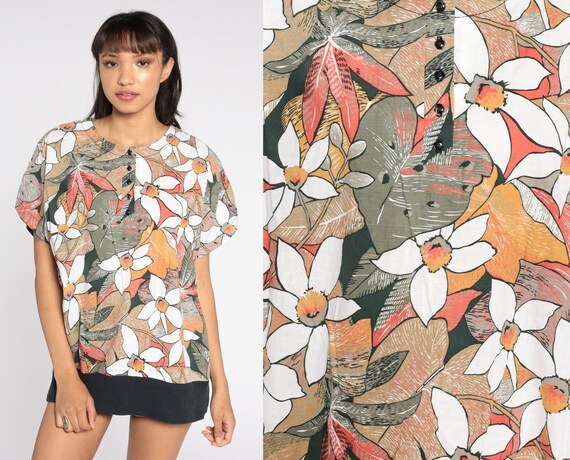 Tropical Floral Blouse 80s Button Up Shirt Short Sleeve Top Slouchy Top Hawaiian 1980s Vintage Bohemian Extra Large xl