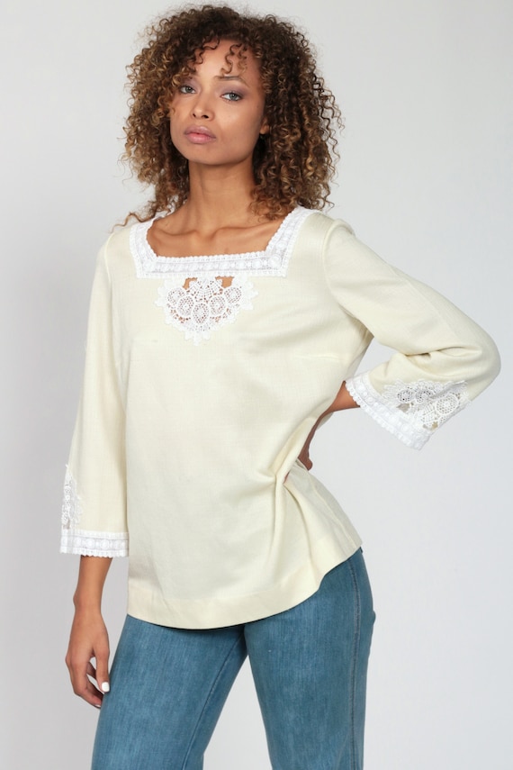 70s Boho Blouse Cutout Shirt Cream Lace SHEER Top Bohemian Tunic Cutout Shirt Boho Hippie KEYHOLE Vintage Long Sleeve Cut Out Cream Medium