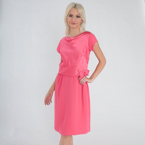 60s Party Dress Mod Pink Midi Dress Retro Knee Length Evening Dress Simple Bow Cowl Neck Mad Men Cocktail Cap Sleeve Vintage 1960s Medium M