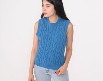 Blue Sweater Vest 80s Cable Knit Tank Top Sleeveless Sweater Pullover Retro Preppy Knitwear Simple Basic Plain Acrylic Vintage 1980s Small S