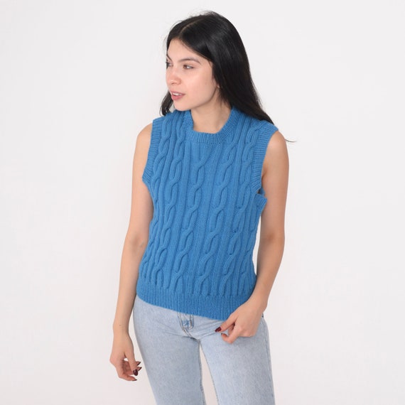Blue Sweater Vest 80s Cable Knit Tank Top Sleeveless Sweater Pullover Retro Preppy Knitwear Simple Basic Plain Acrylic Vintage 1980s Small S