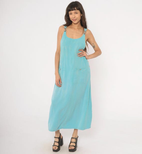 90s Overall Dress Sky Blue Maxi Jumper Sleeveless Pinafore Powder Aqua Dungaree Apron Style Sundress Summer Spring Distressed Large L
