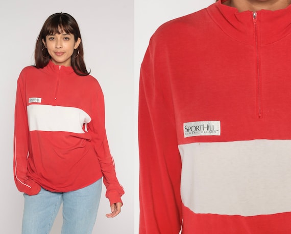 90s Sporthill Shirt Red Striped Quarter Zip Shirt Long Sleeve TShirt Retro Basic Top White Stripe Mock Neck Streetwear Vintage 1990s Large L