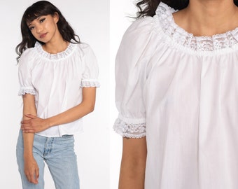 Puff Sleeve Peasant Shirt 80s White Lace Boho Top Cottagecore Blouse Bohemian Hippie 1980s Vintage Shirt Boho Medium Large