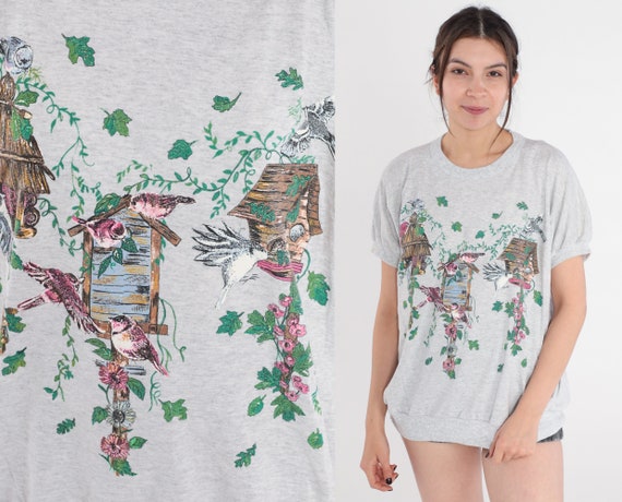 Bird Shirt 90s Heather Grey T-Shirt Leaf Vine Birdhouse Top Short Sleeve Blouse Retro Banded Hem Graphic Tee Hippie Vintage 1990s Large L