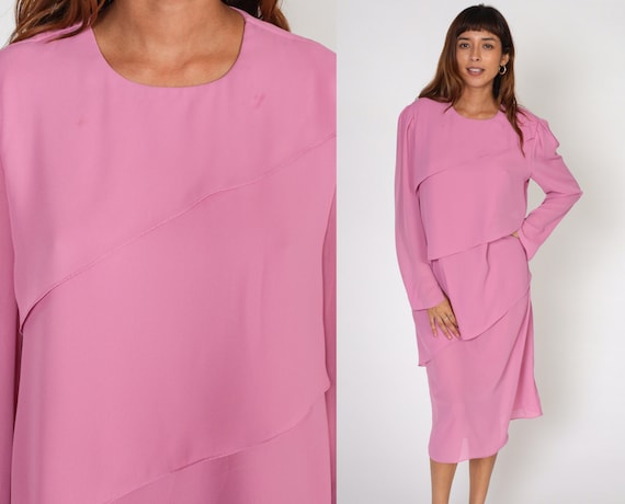 70s Pink Dress Bias Cut Midi Dress Long Puff Sleeve Grecian Layered Draped Party Evening Cocktail Simple Chic Vintage 1970s Medium Large