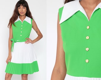 Robe plissée Mod COLOR BLOCK Vert années 70 Taille haute Mini Blanc Fit et Flare vintage Sans manches Patineur des années 1970 Petit