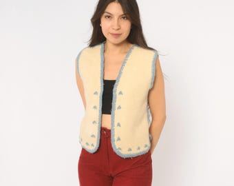 70s Wool Vest Cream Embroidered Blue Crochet Trim Knit Open Front V Neck Cropped Hippie Folk Cottagecore Prairie Layering Top Extra Small XS