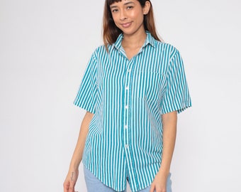 Chemise rayée des années 90, bleu blanc, chemise à rayures verticales, col boutonné, manches courtes, chemise Oxford des années 90, poche vintage, moyenne