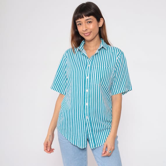 90s Striped Shirt Blue White Vertical Stripes Shirt Collared Button Up Shirt Short Sleeve 1990s Oxford Shirt Vintage Pocket Men's Medium